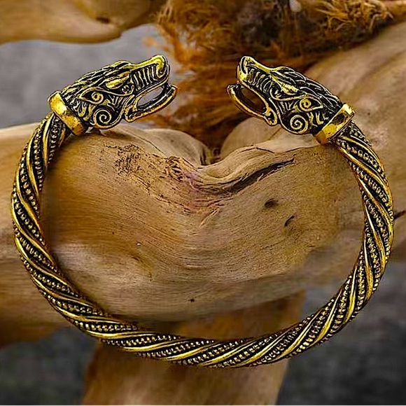 Gold Dragon Viking Head Vintage Norse Arm Band Cuff Bangle Bracelet - Picture 1 of 4